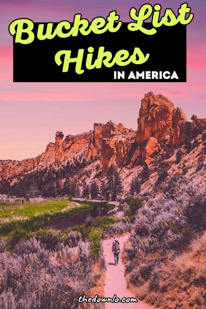 The best hikes in the US for epic trails and mountain photography. Tips and hacks for hiking beginners and pictures to inspire bucket list outdoor adventures in America with friends in California, Arizona, Colorado, PNW, and beyond. Pics and photoshoot ideas for epic adventure in USA and in the world for nature landscapes, national parks, mountains, waterfalls, desert wanderlust and Instagram. #hike #hiking #bucketlists #travel