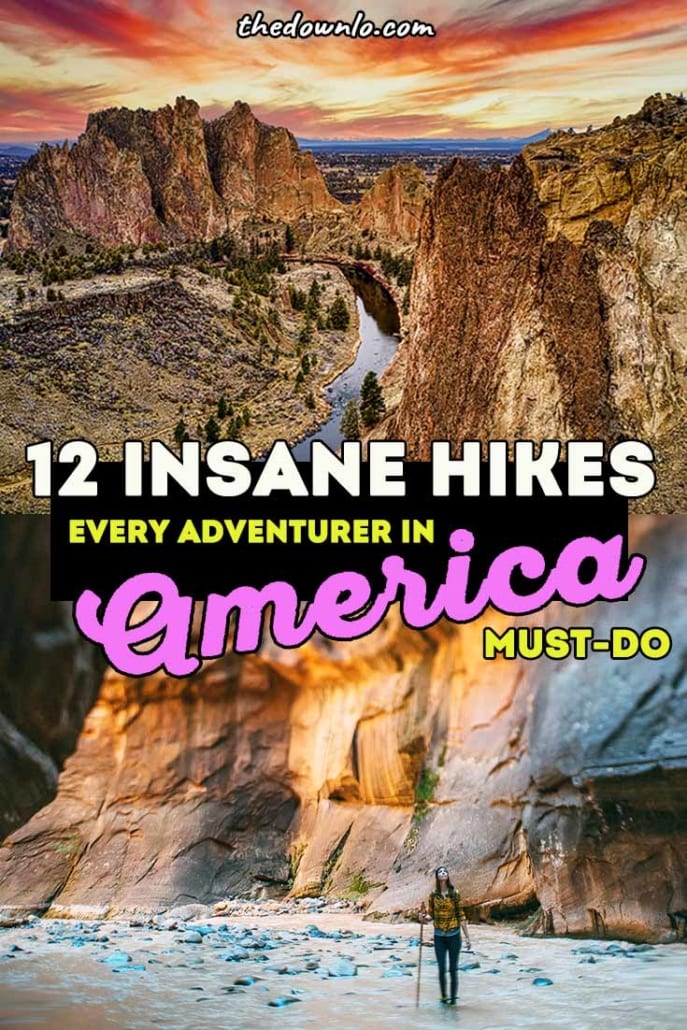 The best hikes in the US for epic trails and mountain photography. Tips and hacks for hiking beginners and pictures to inspire bucket list outdoor adventures in America with friends in California, Arizona, Colorado, PNW, and beyond. Pics and photoshoot ideas for epic adventure in USA and in the world for nature landscapes, national parks, mountains, waterfalls, desert wanderlust and Instagram. #hike #hiking #bucketlists #travel