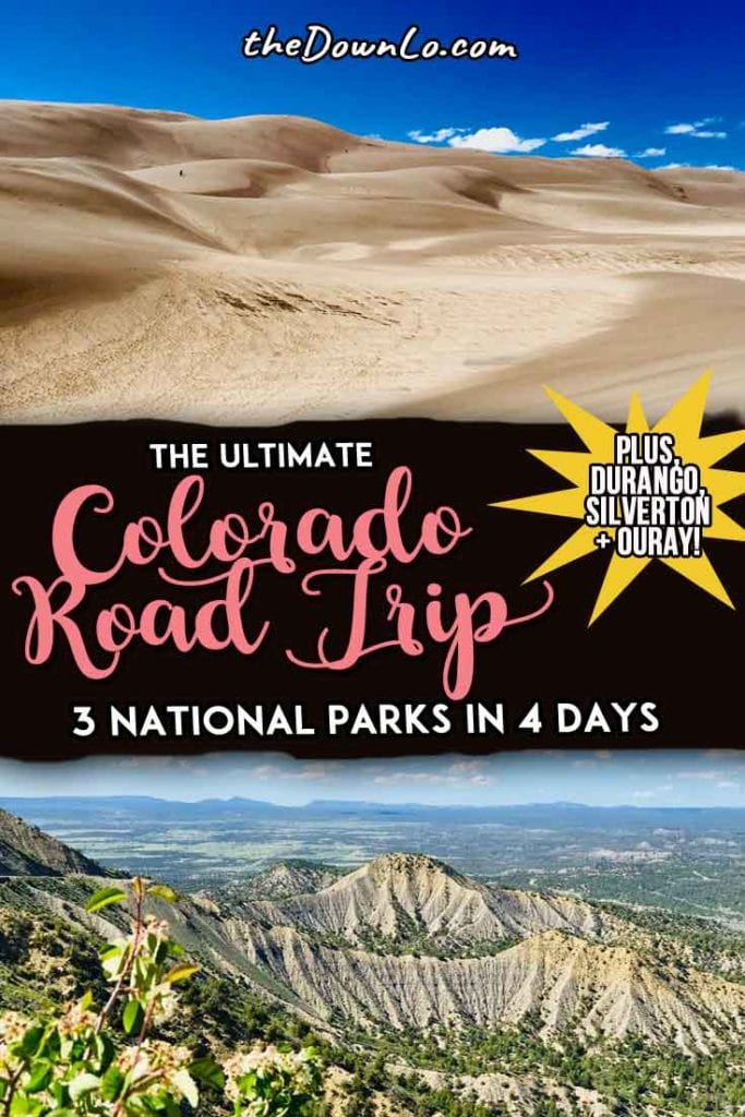 The ultimate Southern Colorado road trip itinerary for summer with map! Travel to one of the best US states to see three national parks plus photography and picture spots, the Rocky Mountains, San Juans, and camping destinations, and beautiful adventures in America. Places to see include Durango, Silverton, Ouray, and Pagosa Springs for awesome family vacations, outdoors, and nature. Pack the cars for waterfalls, sand dunes, hiking, and friends. It's a bucket list weekend trip from Denver.