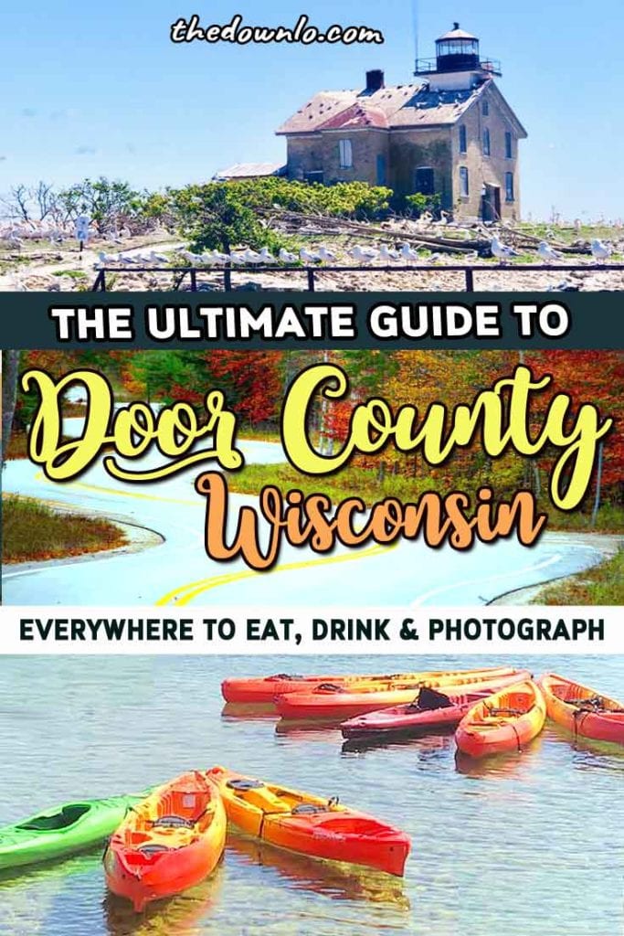 Looking for fun things to do in Door County, (near Green Bay) Wisconsin? I have all the best travel ideas for places to stay, beaches, adventure, and photography spots from kayaking to lighthouses, wineries, and hiking. It's the perfect summer weekend getaway for vacation with kids, for couples, and families. See famous Al Johnsons goat roof restaurant, eat cherries, Cave Point, a Fish Boil, Peninsula State Park, and more places to visit. Midwest lake life forever. #doorcounty #wisconsin #wi