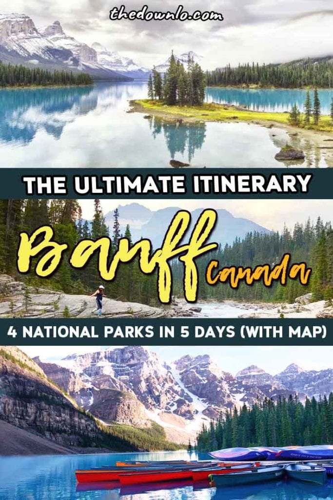 5 Day Banff Itinerary with map: A road trip through the Canadian Rockies for things to do this spring, summer or fall to see waterfalls, lakes, parks, and mountains. Drive from Calgary to Lake Louise, Lake Moraine, Jasper National Park, Johnston Canyon Cave, and of course, Banff National Park for things to do like glacier hiking, landscape photography, camping and hikes. Adventure pictures and photography spots to inspire travel. #roadtrip #canada #banff #travel #alberta #itinerary