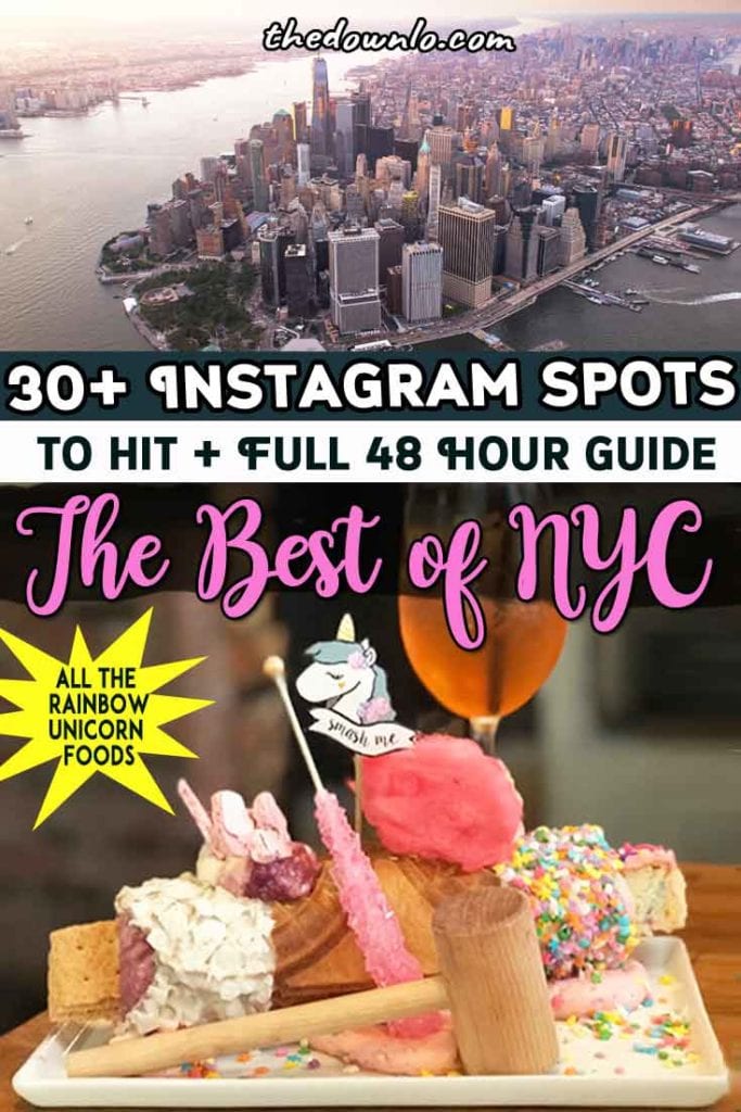 Instagram desserts NYC: The best photo and picture spots for food. Rainbow restaurants and iconic New York City attractions like the vessel, top of the rock, dumbo, and oculus. A two day weekend itinerary every traveler must see. A travel photography guide with bucket lists of things to do in Manhattan, Brooklyn and beyond. Plan your photoshoot with this map, photo ideas and guide. #newyork #nyc #iloveny #travel #food #instagram #usa #eat #rainbowfood #foods #photos