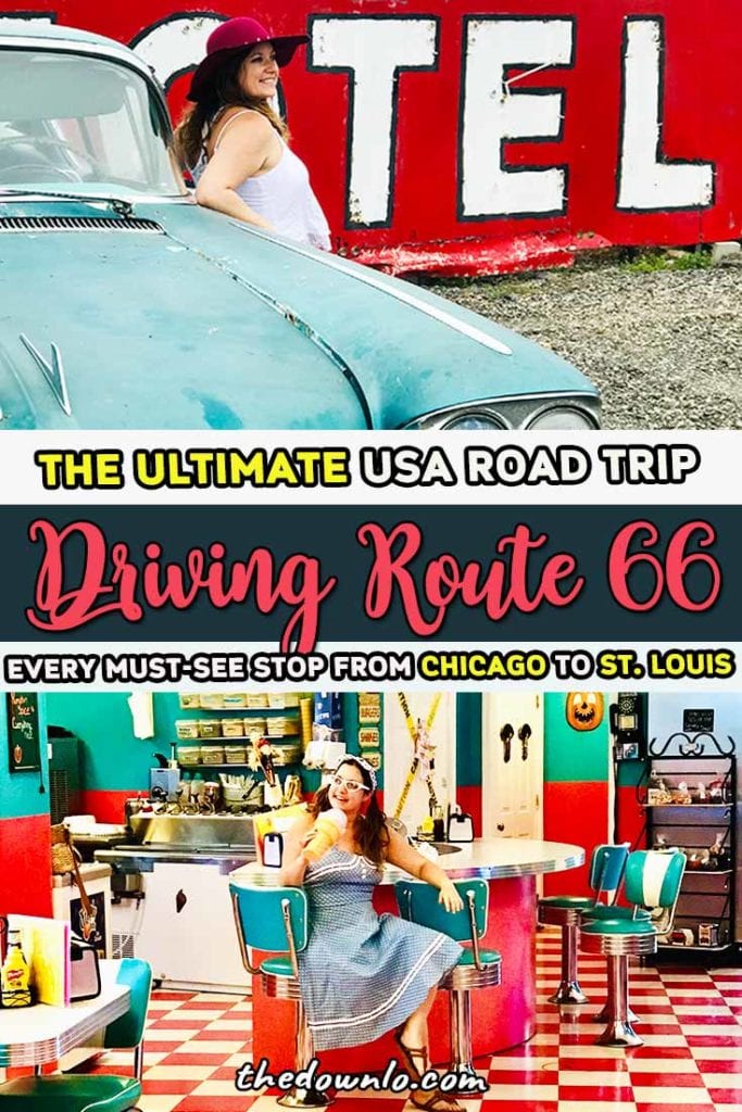 Planning a Route 66 road trip for Instagram photography? Here's a drive guide itinerary from Chicago to St. Louis with every neon sign, historic attractions, bar, restaurants, diner, cars, gas station, and vintage must-see in Illinois. Pictures, tips and photos to inspire your trip down the Mother Road from food stops to photoshoot locations. Ideas for bucket list travel and adventure road trips. #route66 #rute66 #bucketlists #america #roadtrip