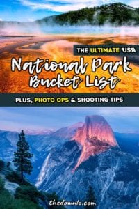 A United States National Park Bucket List and Check List for photography and adventure. Road trip to the best of the USA with landscape pictures and natural wonders to inspire visits to Utah, California, Arizona, Colorado and beyond. Hit Yellowstone, Zion, Arches, Badlands, Grand Canyon, and Rocky Mountain for the best of the west. #roadtrips #nationalparks #america