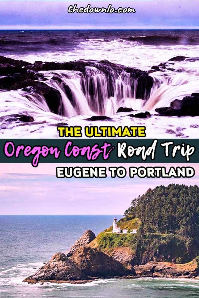 The ultimate central and north Oregon road trip with map: drive the coast to Devil's Punch Bowl, Thor's Well, famous rocks, and more nature. Travel from Eugene to Portland through forest, mountains, beach, and coastline with hiking stops, waterfalls, tide pools, and lighthouses. Things to do and places to visit for photography and bucket lists. A full 48 hour itinerary and travel guide. Hikes, ocean pictures, whale watching, sea lions, and must see seaside places for fall, spring, or summer.