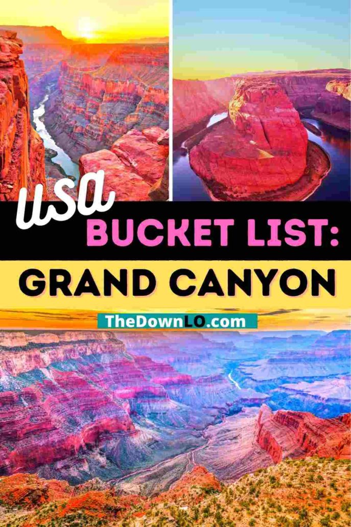 How to visit Grand Canyon National Park, a US vacation on a budget. Travel tips, photography spots, and vacation ideas for Arizona outdoor adventures. Visit the South Rim, West Rim, and North Rim for the skywalk (glass walkway), rafting, railway, helicopter tours, and bucket list hikes. Things to do with kids, road trips and day trips, best hotels, where to stay, and waterfall hiking and camping ideas in America for national park trips.